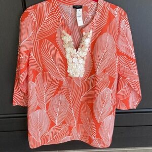 Talbot’s Orange and White Leaf Print Cotton Tunic with Shell Neckline